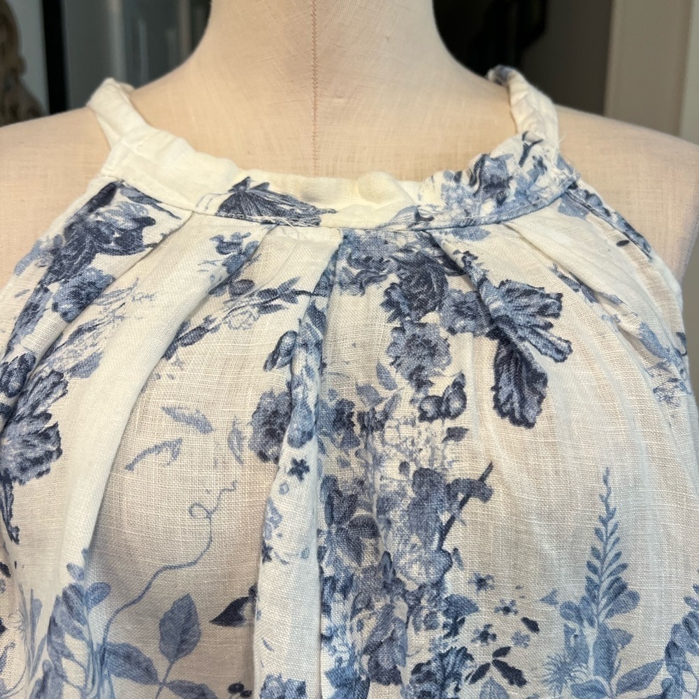 BELLAMBRA NWOT white linen halter mini dress with soft blue botanical print - Picture 4 of 15